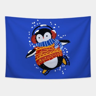 Kawaii little Ice Skating Penguin Tapestry
