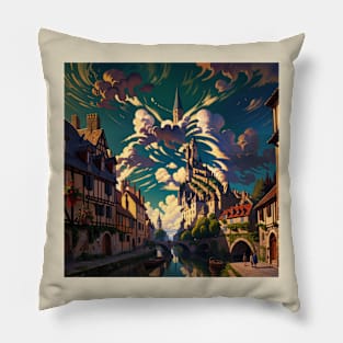 Peaceful French Village Illustration with Hidden Image of a Cat Pillow