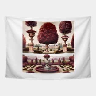 French chateau and formal garden in green and maroon Tapestry