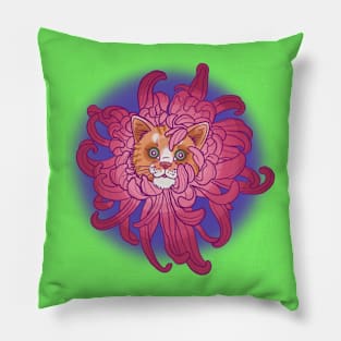 Chrysanthemum Floral Red Cat Illustration Pillow