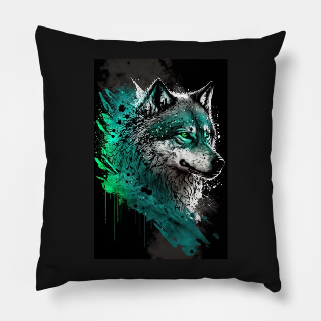 Cool Wolf portrait with green glow Pillow by KoolArtDistrict