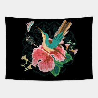 Hummingbird Hibiscus Butterfly with Lace Background Tapestry