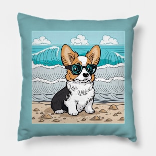 Cute corgi puppy on the sea beach Pillow