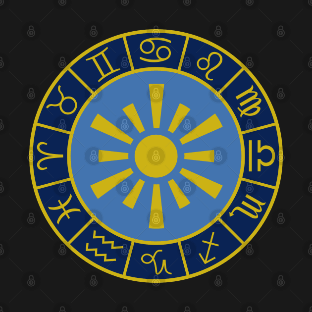 Astrological Zodiac Symbols Wheel+Sun Gold+Blues by NataliePaskell