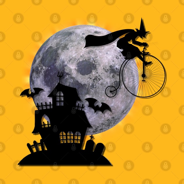 Funny Halloween Flying Witch Riding Vintage Old Fashioned Bicycle by CharJens