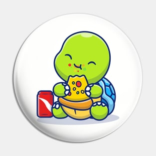 Cute Turtle Eating Pizza With Soda Pin