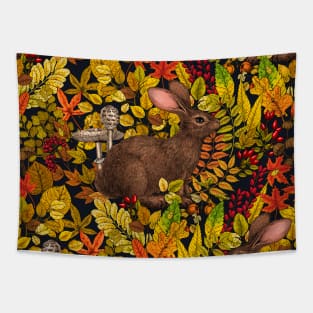 Autumn Rabbit on black Tapestry