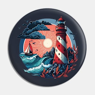 Guiding Seafarers: Nautical Light Tower Art Print in Red, White, and Blue Pin