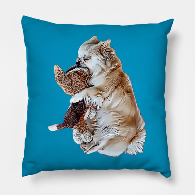 Adorable Sleeping Tibetan Spaniel with Her Favorite Toy Dog, Drawing Pillow by Cartoon Cosmos