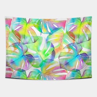 Rainbow Translucent Monstera leaves watercolor print. Exotic tropical transparent leaf. Summer beach Tapestry