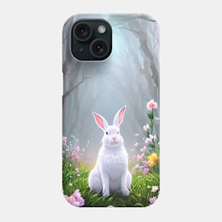 Fluffy white bunny rabbit in the woods with wildflowers Phone Case