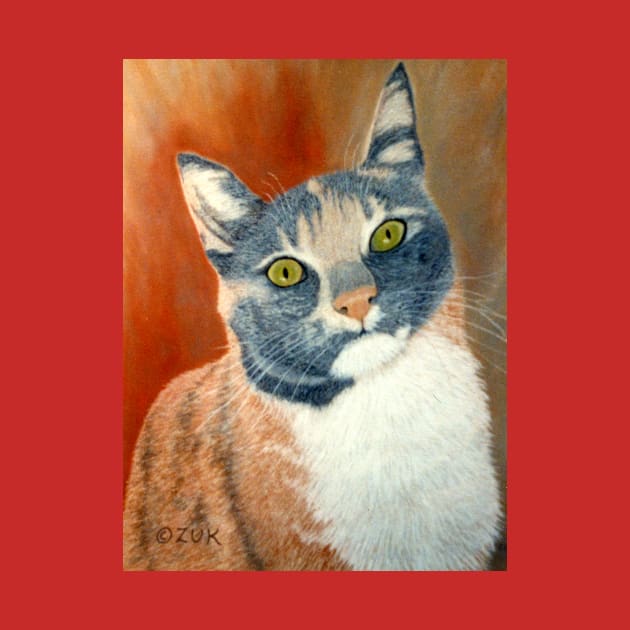 Calico Cat Pastel Portrait in Grey, White and Orange by KarenZukArt