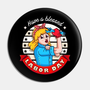 Labor Day. Retro cartoon lady showing off muscles while holding a wrench Pin