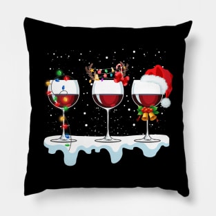 Wine glass wearing santa hat reindeer horn Lights christmas gift for wine lover Pillow