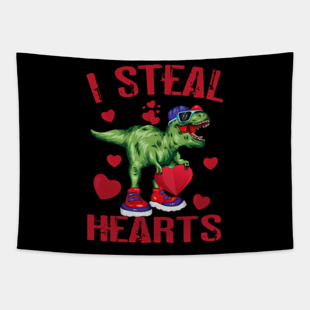 I Steal Hearts Valentines Day Dinosaur T-Rex Tapestry by sufian