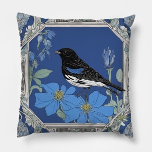 Lark Bunting And Colorado Blue Columbine In Decorative Border Pillow