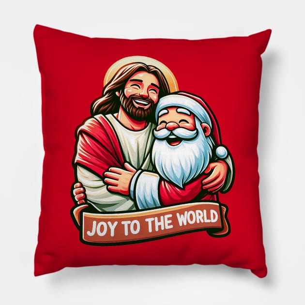 Joy To The World Jesus Santa Claus Merry Christmas Pillow by Plushism