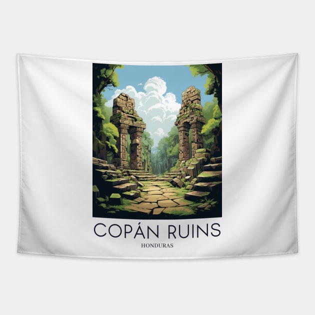 A Pop Art Travel Print of the Copán Ruins - Honduras Tapestry by Studio Red Koala