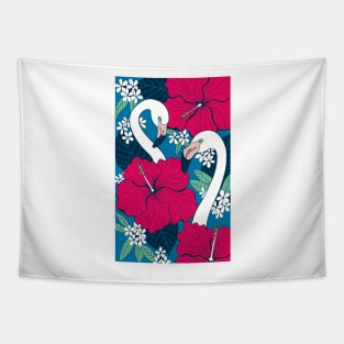 Flamingos and tropical flowers and leaves Tapestry