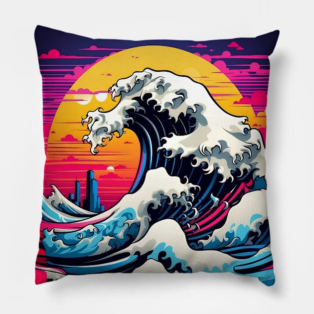 The Great Wave Vaporwave Sunset Pillow by VivaLaRetro