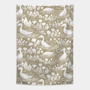 Ducks in the pond woodblock print Tapestry