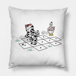 Cat And Chicken Playing Hopscotch Pillow