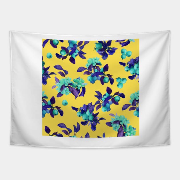 Watercolor small psy apple tree branch on yellow Tapestry by orsinha