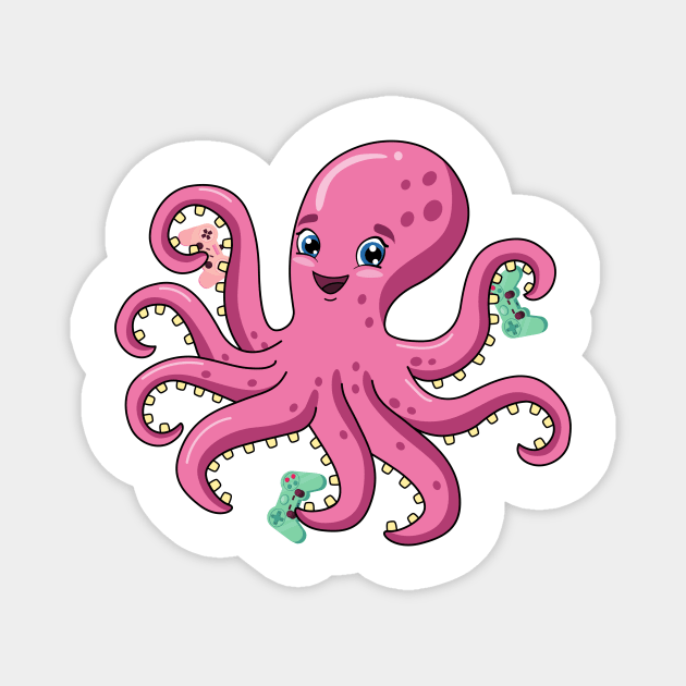 Cute Octopus Gamer With Four Video Game Controllers Magnet by sarrah soso