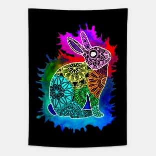 Rainbow rabbit mandala with watercolor splash Tapestry