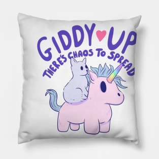 Cute Cat Riding Unicorn - Giddy Up, There’s Chaos to Spread Pillow