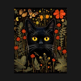 Black Cat Among Flowers and Moths - Mystical Art for Cat Lovers T-Shirt