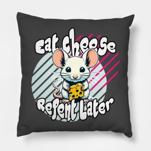 Eat Cheese, Repent Later: Whimsical Mouse in Yellow and Blue Pillow