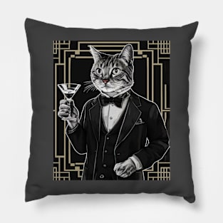 A Confident Cat In A Tuxedo Holding A Martini Glass Pillow