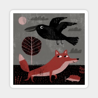 Fox, crow, tree and hedgehog Magnet