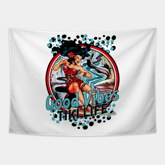 Good Vibes Tiki Life Seven Seas Beach Lifestyle- Distressed Look Tapestry by Joaddo