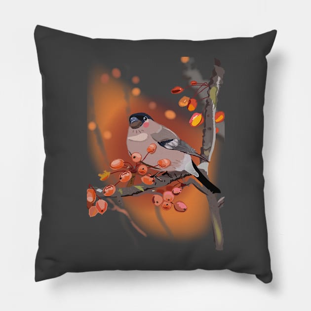 Cute Eurasian Bullfinch Bird with berries Pillow by nuwandafoer