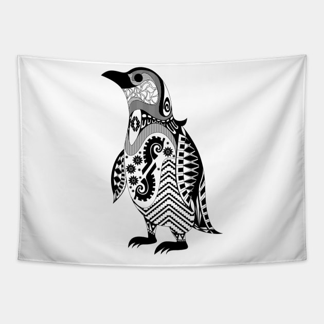 the magical penguin in ecopop mexican patterns art Tapestry by jorge_lebeau