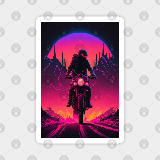 Cyberpunk Motorcyclist Riding Down A Road With Synthwave Sun Behind Him Magnet by Nightarcade