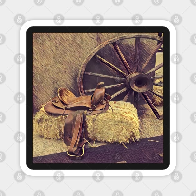western country painting wagon wheel  horse saddle Magnet by Tina