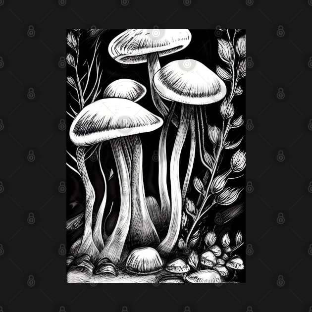 INK BLACK AND WHITE BUNCH OF MUSHROOMS by sailorsam1805