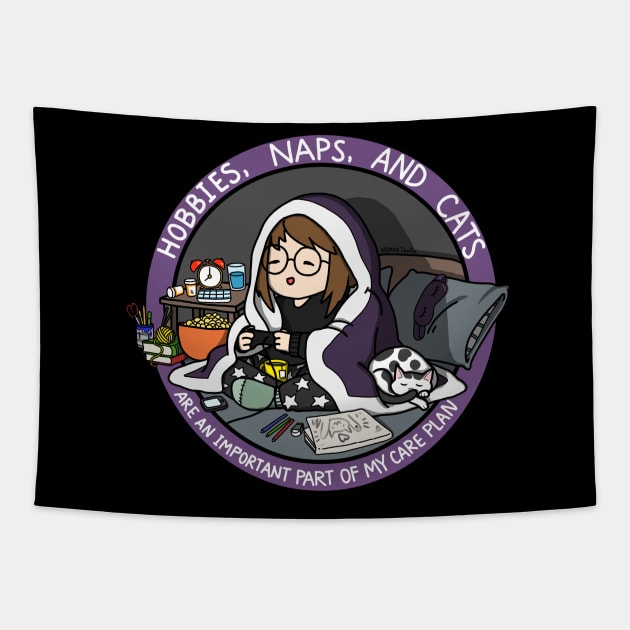 Hobbies, Naps, and Cats (Purple) Tapestry by InsomniaDoodles