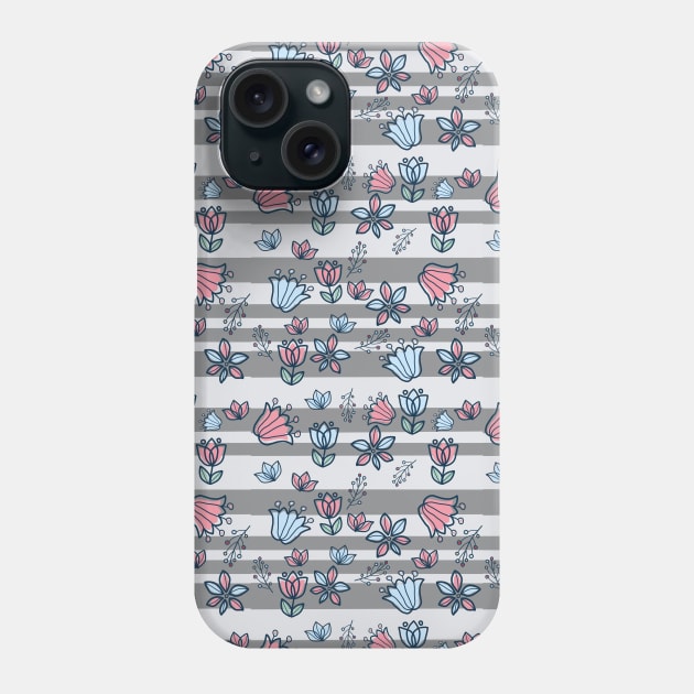 Gray stripes with pink and blue flowers Phone Case by Vannaweb