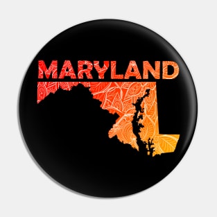 Colorful mandala art map of Maryland with text in red and orange Pin