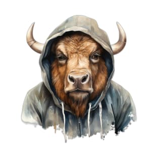 Watercolor Cartoon Bison in a Hoodie T-Shirt