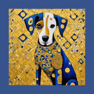 Gustav Klimt Style Dog with Blue and Gold Geometric Patterns T-Shirt