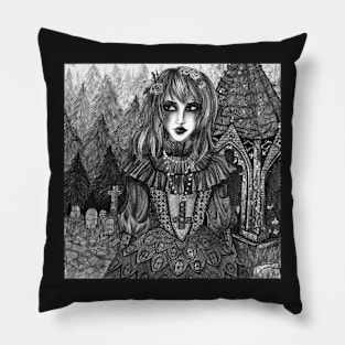 Gothic girl wandering through forest cemetery Pillow