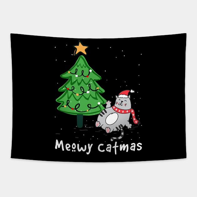 Meowy Catmas Cat Christmas Tree Xmas Girls Boys Funny Santa Tapestry by dounjdesigner