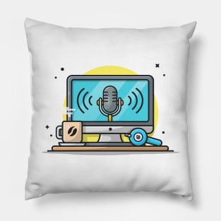 Monitor with Speaker, Hot Coffee and Headphone Cartoon Vector Icon Illustration Pillow