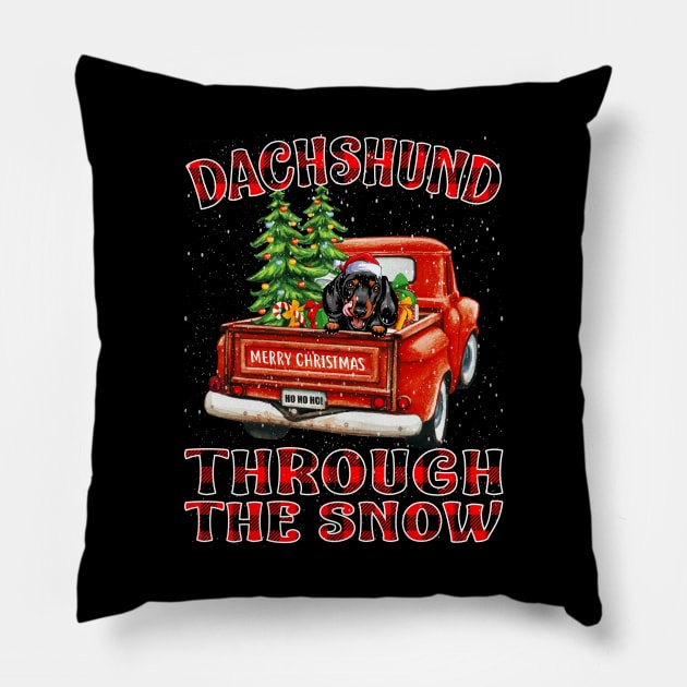 Christmas Dachshund Through The Snow Dog Santa Truck Tree Pillow by intelus