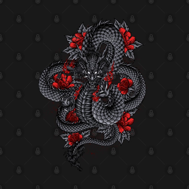 black dragon with red flower by YulsArtwork